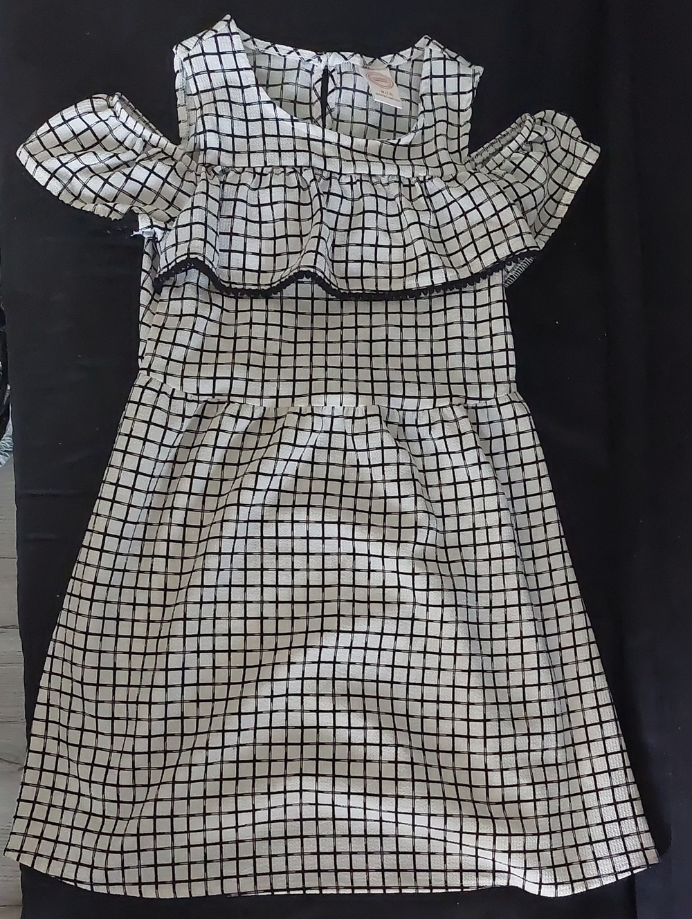 wonder nation Black & White Grid Cold-Shoulder Ruffle Dress